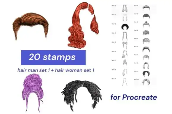 20 Procreate Hair Stamps (set 1 + Set 1)