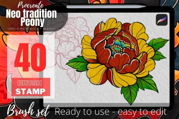 40 Peony Tattoo Stencil Brush Procreate