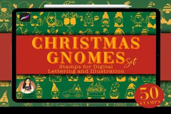 50 Christmas Gnome Procreate Stamp Set, Cute Linear Art Cartoon Shape, Xmas Santa Gnomes 4 074029