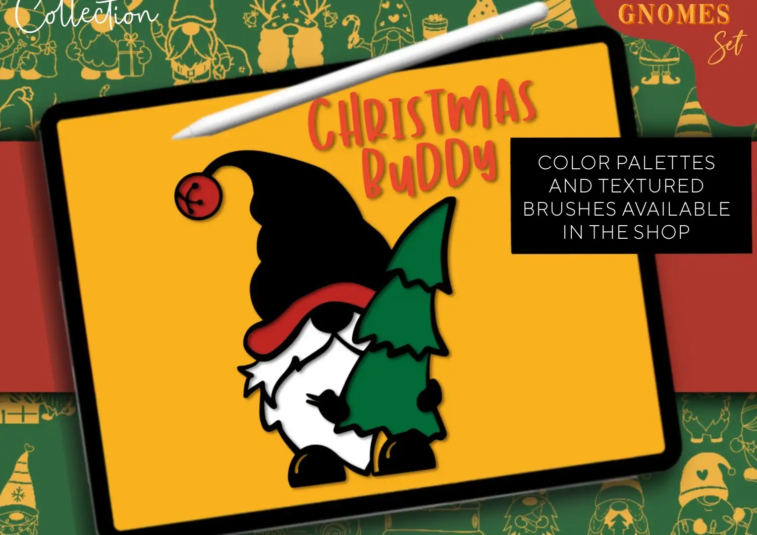 50 Christmas Gnome Procreate Stamp Set, Cute Linear Art Cartoon Shape, Xmas Santa Gnomes 3 074029