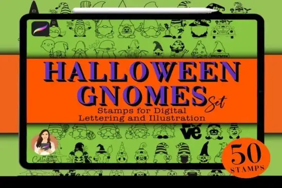 50 Halloween Gnome Procreate Stamp Set