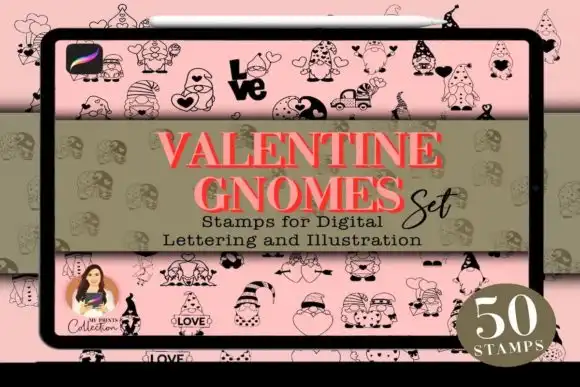 50 Valentine Gnomes Procreate Stamps