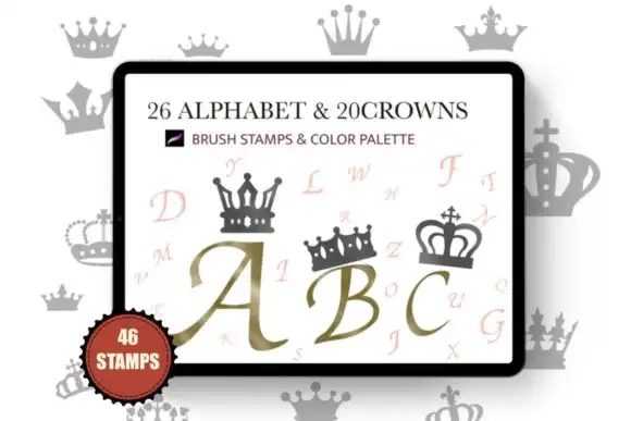 Alphabet Crowns Procreate 46 Stamps