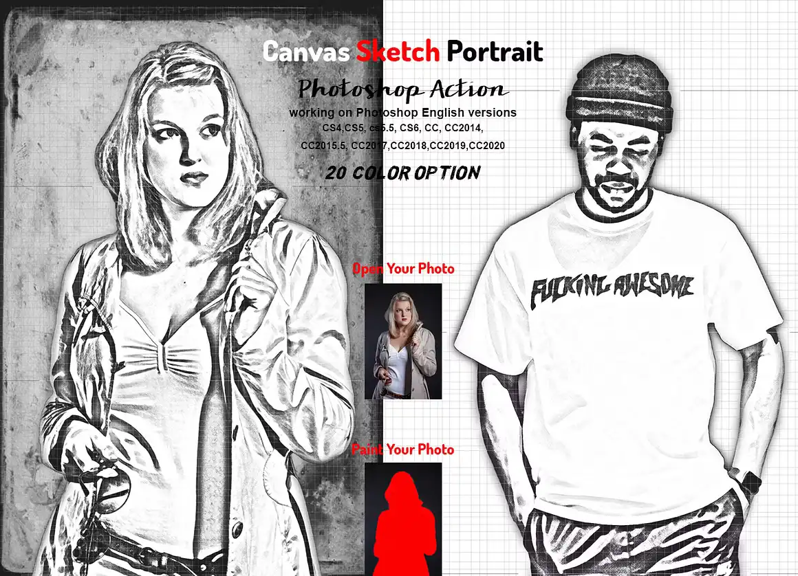 Canvas Sketch Portrait PS Action