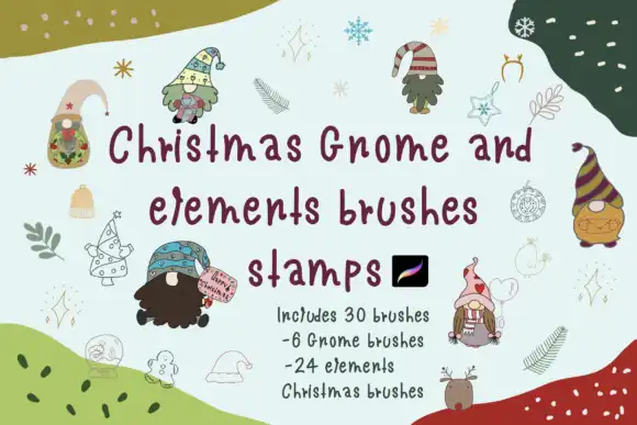 Christmas Gnome and Elements Brush Stamp