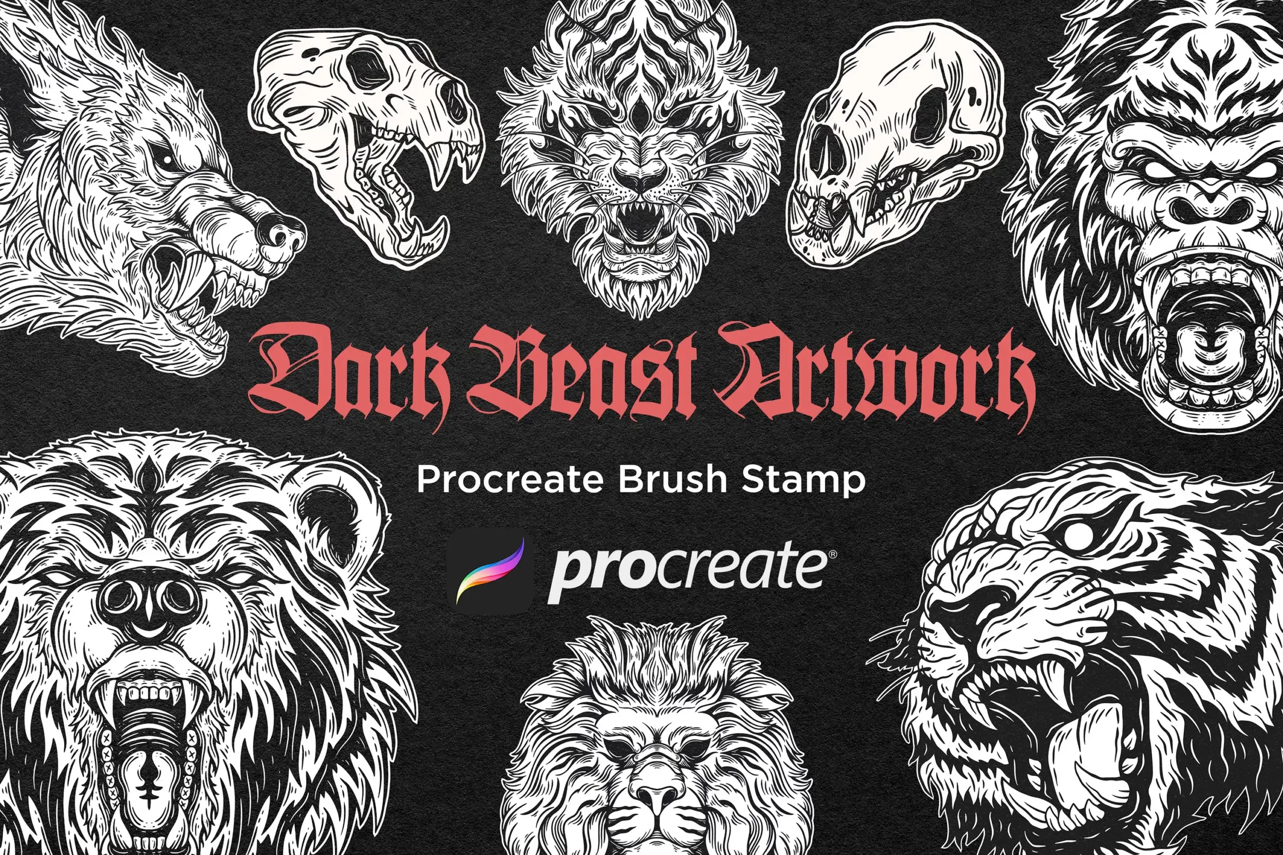 30 Skull Beast Animal Dark Artworks Design Procreate Brushes