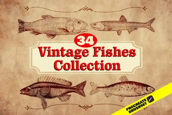 34 Retro Fish Stamp Brush for Procreate