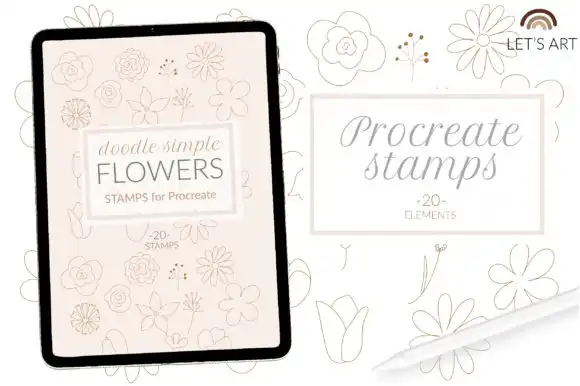 Flowers Procreate Stamps, Lineart Flower