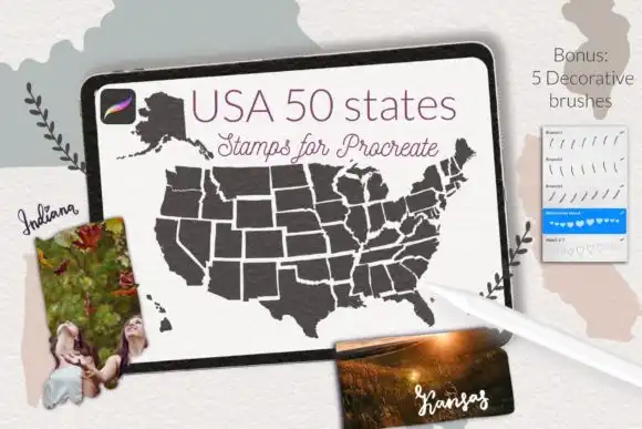 USA Map Stamps for Procreate, USA States