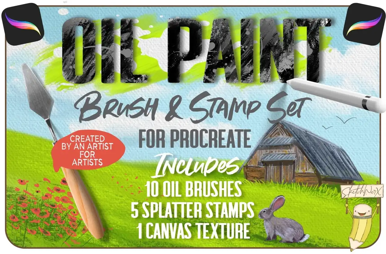 Procreate Watercolour Brushes and Palettes Bundle - 5 Packs 6 oil paint brush & stamp set 55053