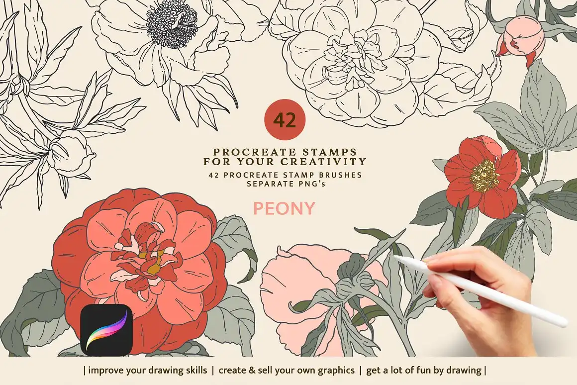 STAMP BRUSH PEONIES for PROCREATE