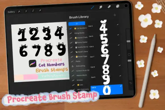 Procreate brush stamp cute cat numbers