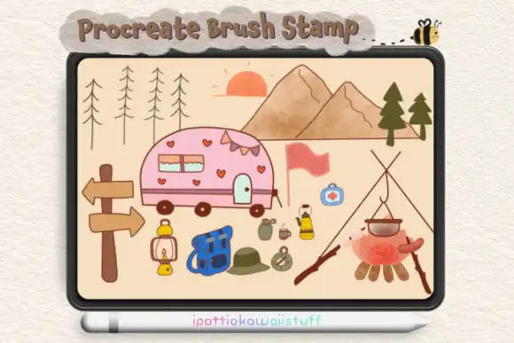 Procreate brush stamp doodle camping