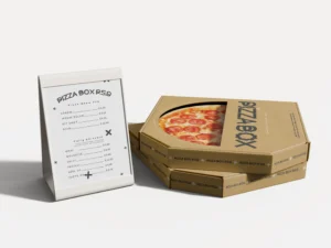 3d two pizza boxes with pizzeria menu mockup