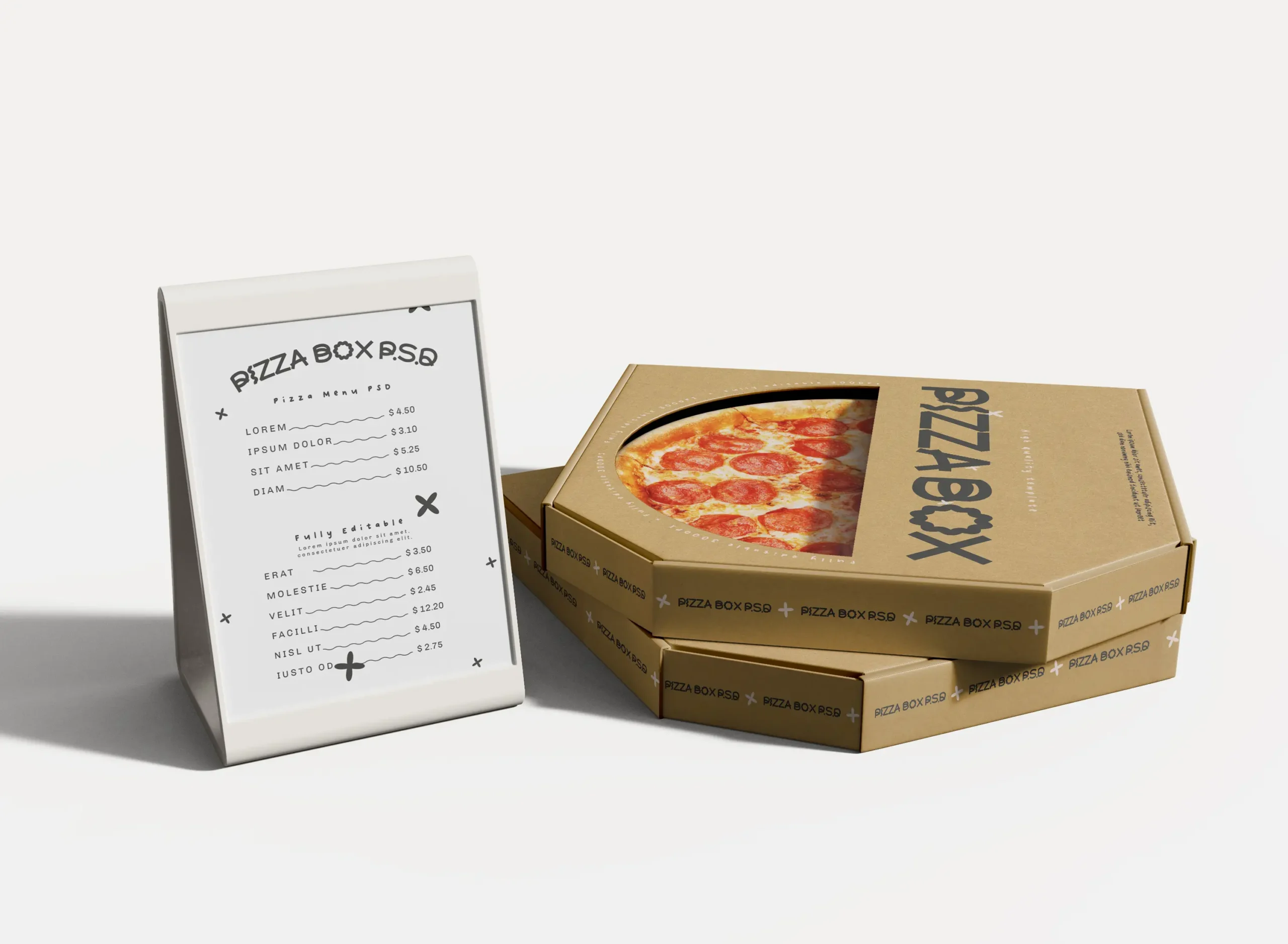 3D Two Pizza Boxes With Pizzeria Menu Mockup