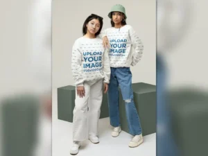 90s mockup of two young women wearing sweatshirts