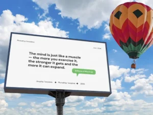 billboard mockup with flying air balloon