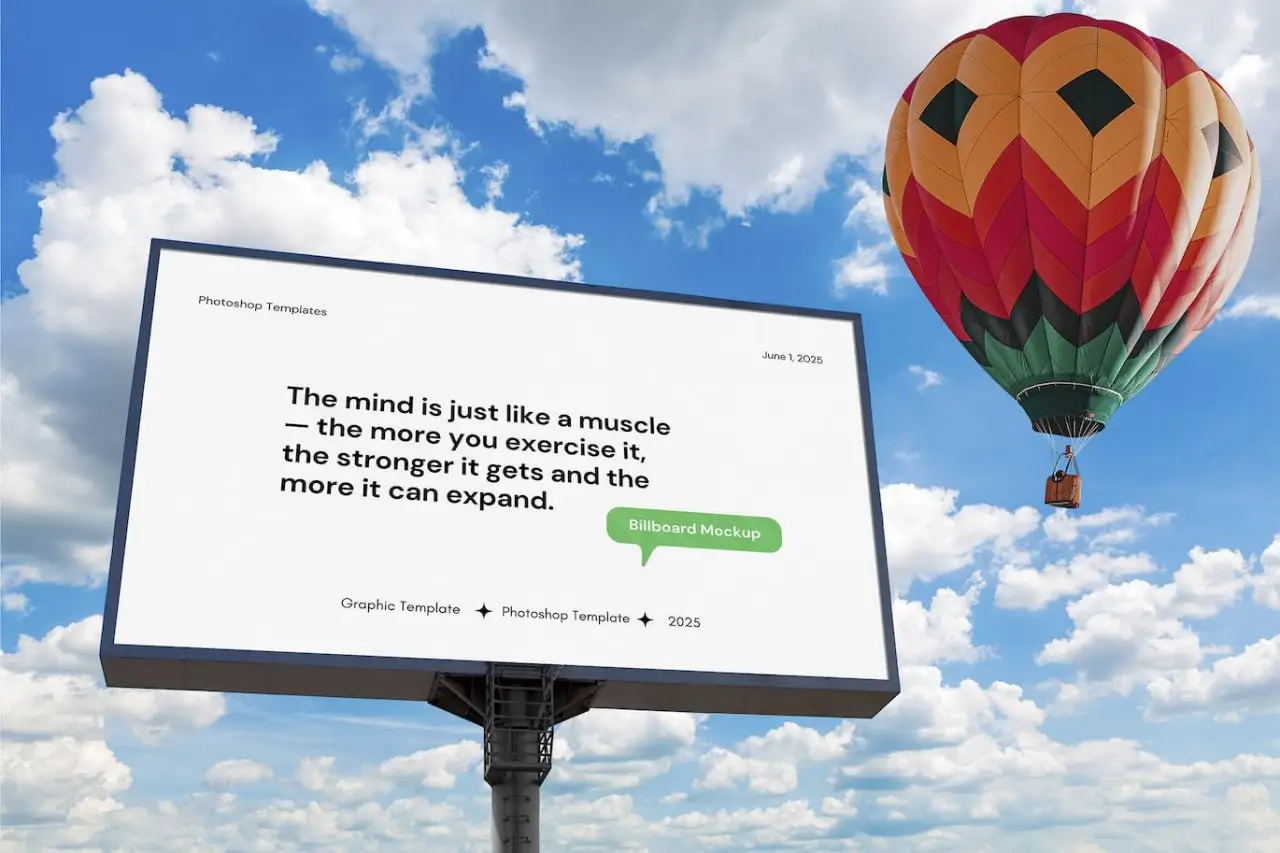 Billboard Mockup With Flying Air Balloon