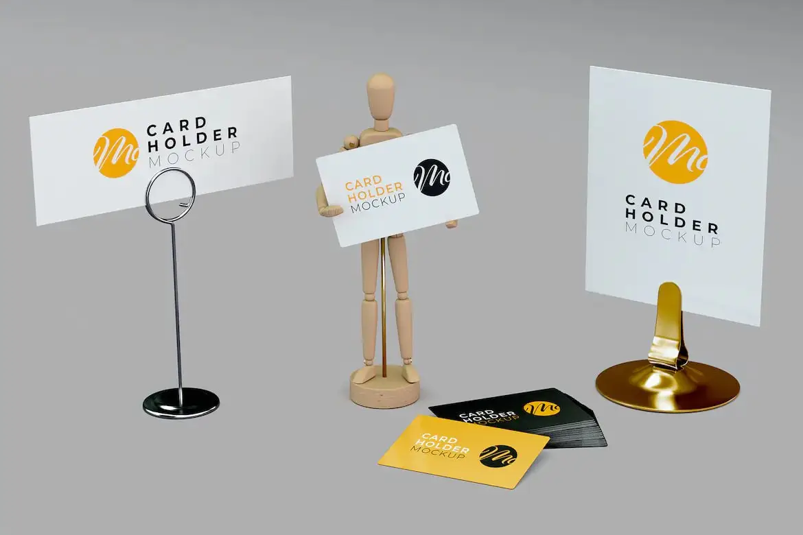 Card Holder Set With Wooden Mannequin Mockup