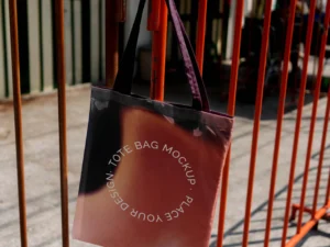 colorful tote bag mock up outdoors on golden hour 3