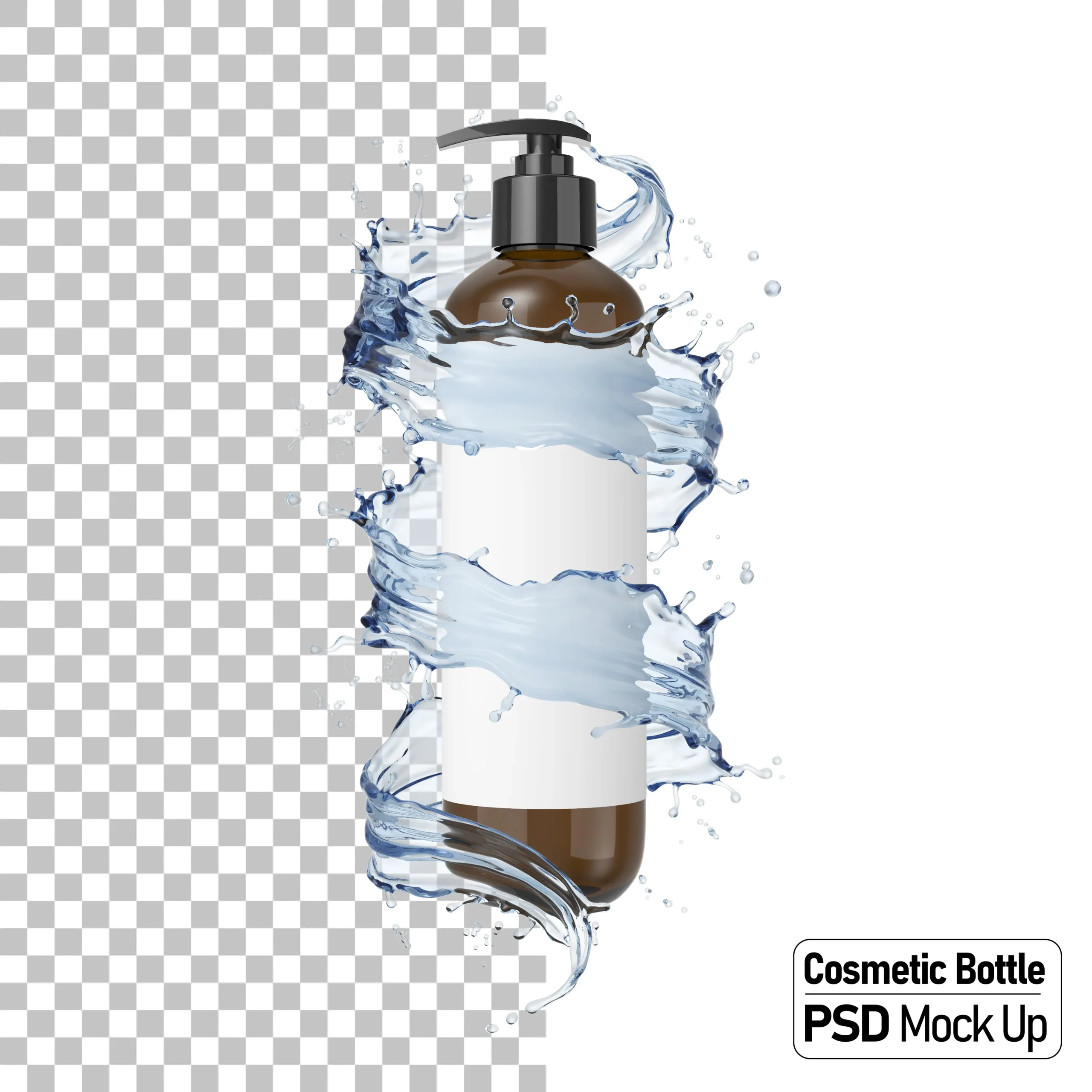 Cosmetic Bottle With Water Splash 3D Package Mockup