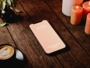 cozy home with smart phone mockup on wooden table