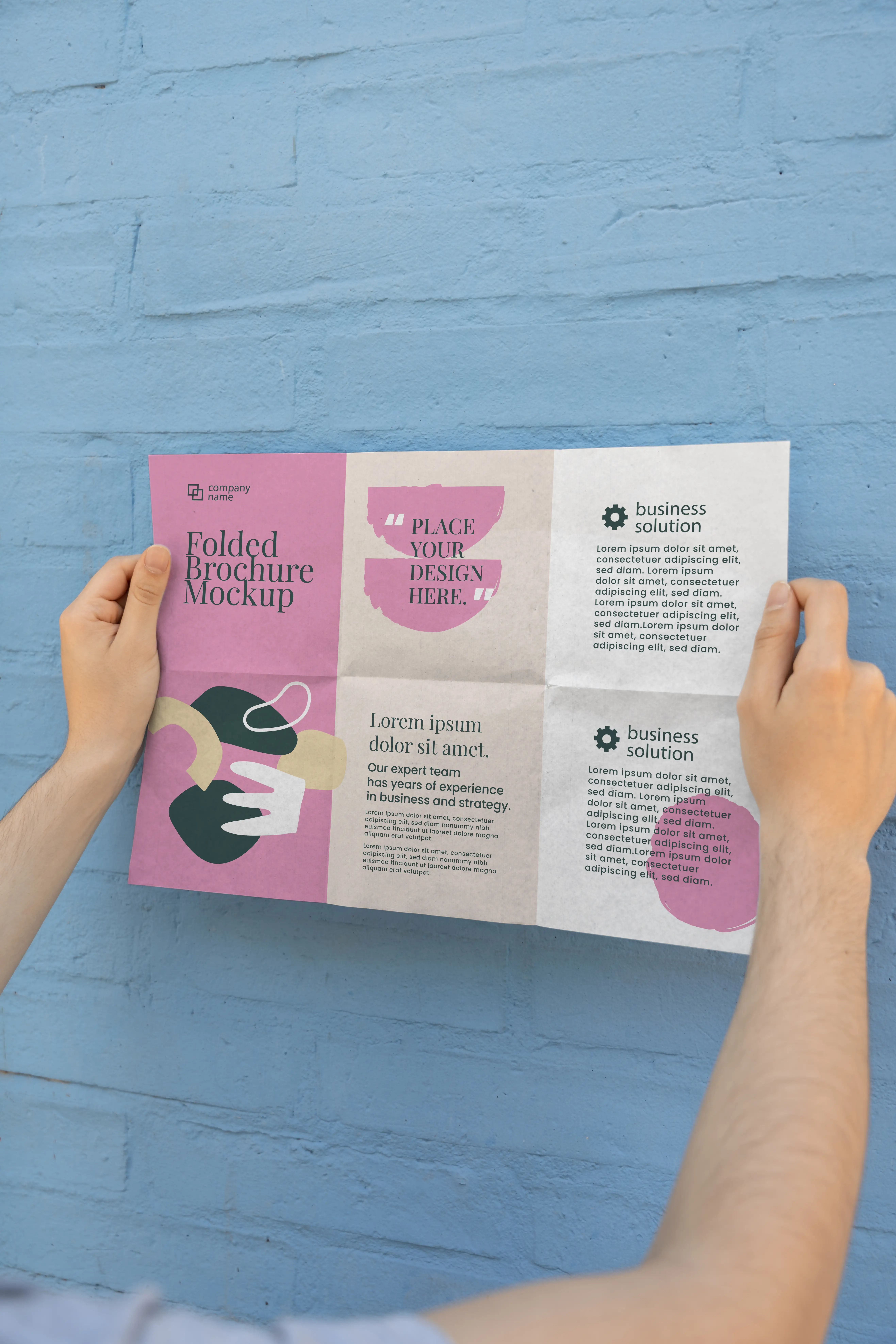 Female Hands Holding Trifold Brochure Mock-Up With Abstract Shapes 2