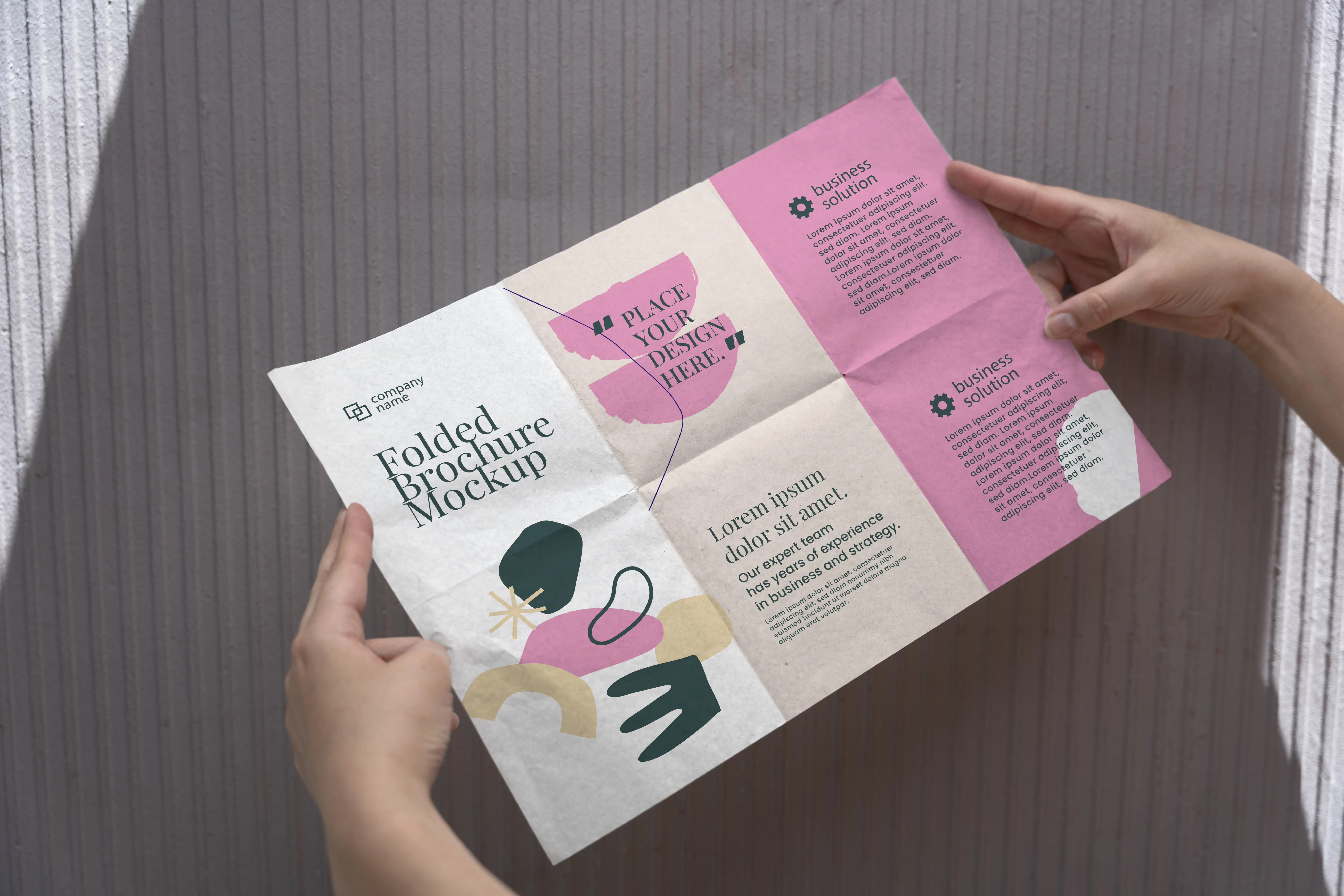 Female Hands Holding Trifold Brochure Mock-Up With Abstract Shapes 4