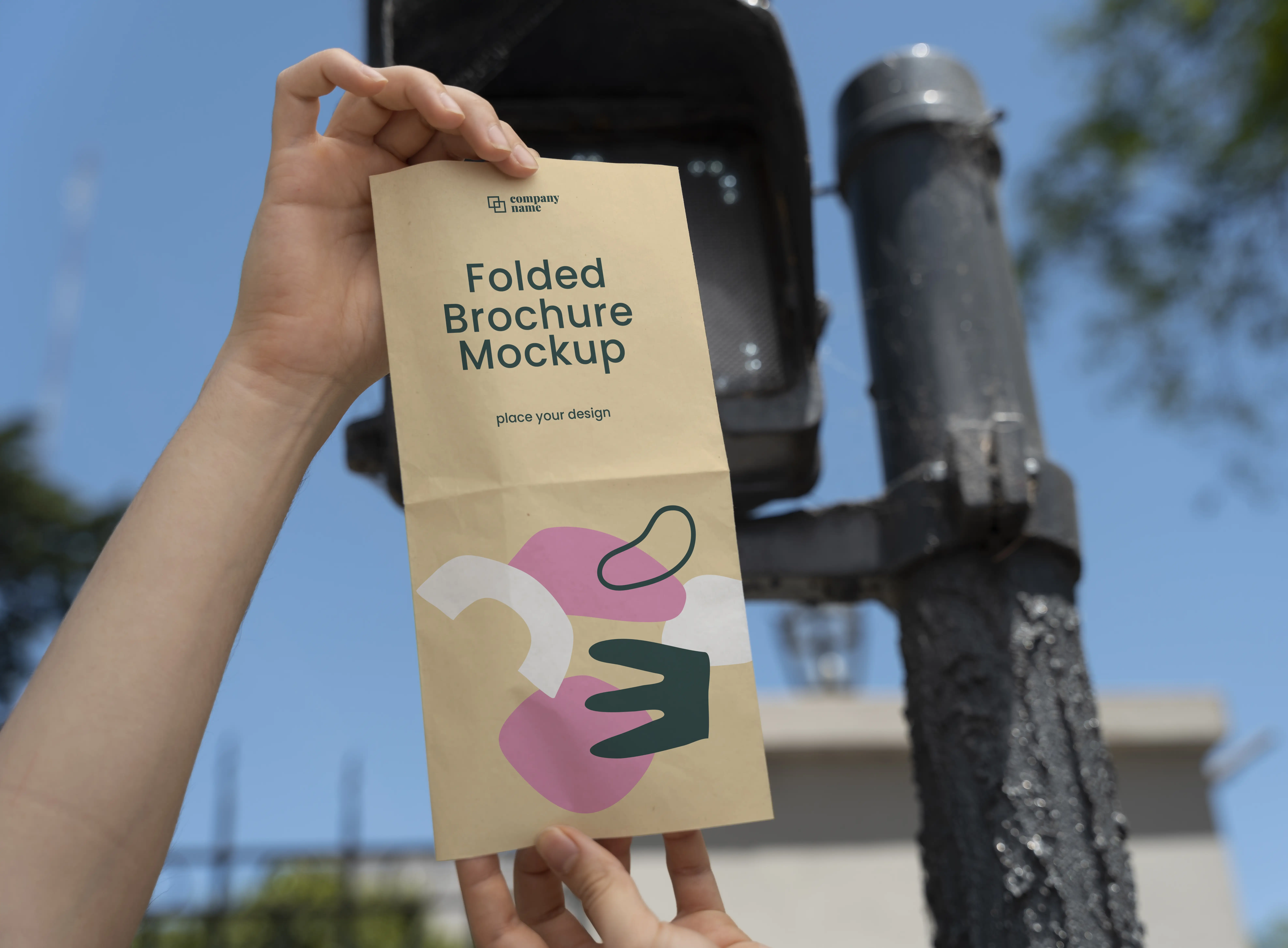 Female Hands Holding Trifold Brochure Mock-Up With Abstract Shapes