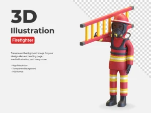 firefighter wearing gas mask in red uniform and yellow helmet holding ladder 3d illustration