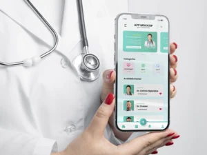front view doctor presenting app