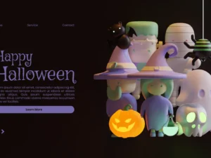 halloween landing page template with 3d rendering illustration