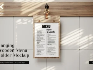 hanging wooden menu holder mockup 4