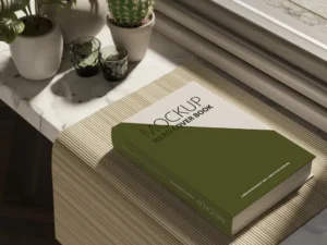 hard cover book mock up near a window