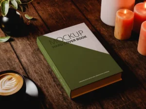 hard cover book mock up on rustic and cozy set