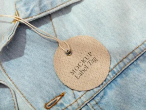 high angle of clothing label on denim jacket