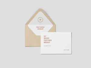 horizontal postcard and envelope mockup top view