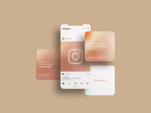 instagram interface and post mockup on clay mobile phone screen