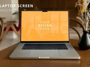 macbook pro screen mockup on the wooden cafe table