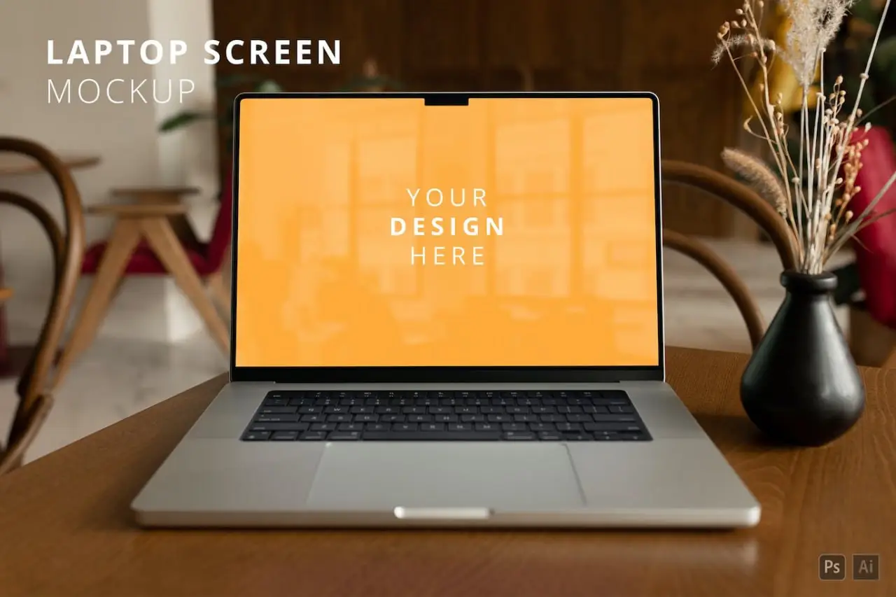 Macbook Pro Screen Mockup On The Wooden Cafe Table
