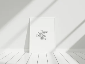 minimalist and clean vertical white poster or photo frame mockup on the floor