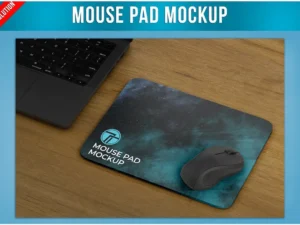 mouse pad on wooden table mockup