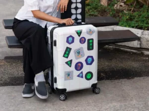 person carrying luggage with stickers 1