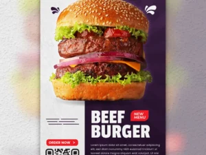 purple beef burger food menu and restaurant media social story post template