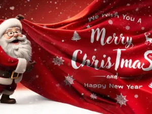 santa claus holding a red sheet for christmas greetings mockup
