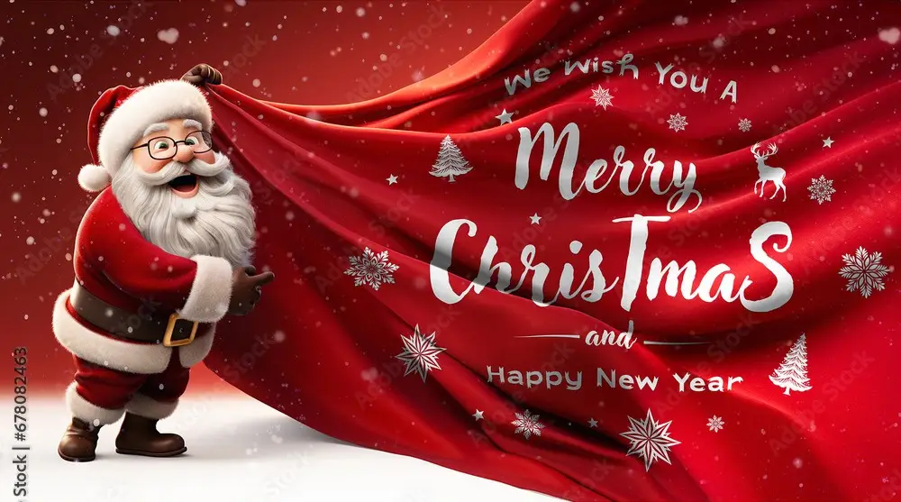Santa Claus Holding A Red Sheet For Christmas Greetings Mockup