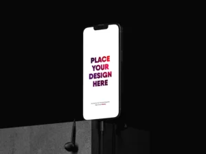 smartphone on concrete showcase black scene mockup 1
