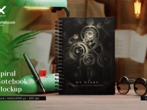 spiral notebook in vintage workspace mockup
