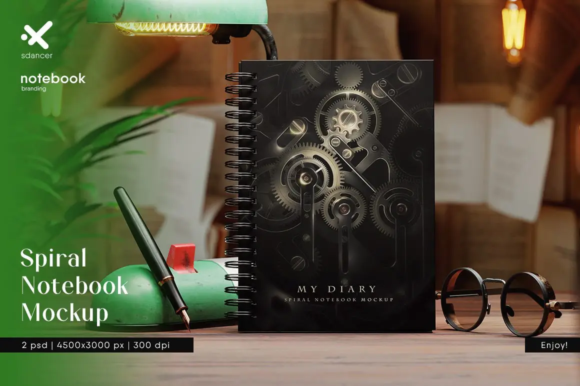 Spiral Notebook In Vintage Workspace Mockup