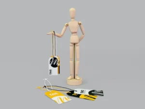 tags with wooden mannequin mockup